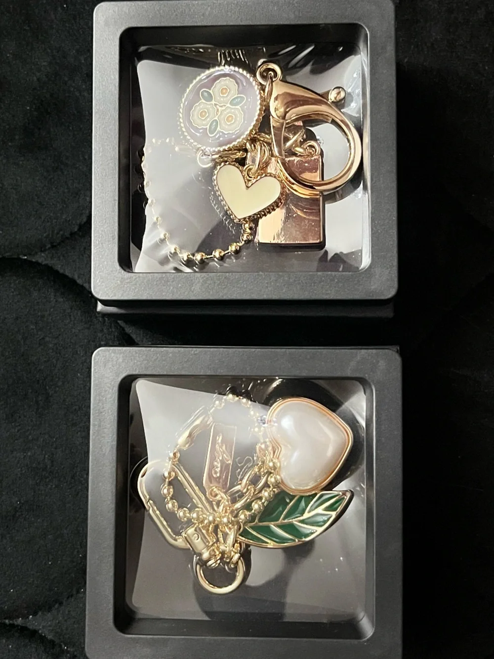 Pearlescent Heart & Floral Bag Charm Duo
